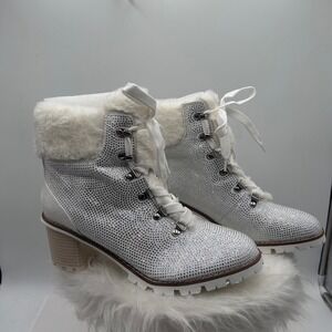 Lauren Lorraine Brianna White Rhinestone Fur Trim Heeled Lace Up Boots Size 9.5